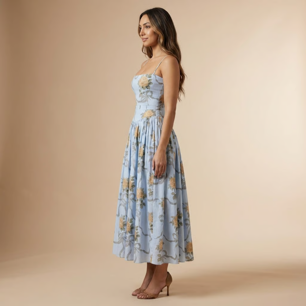 Women's Wedding Guest Floral Straight Neck Midi Dress