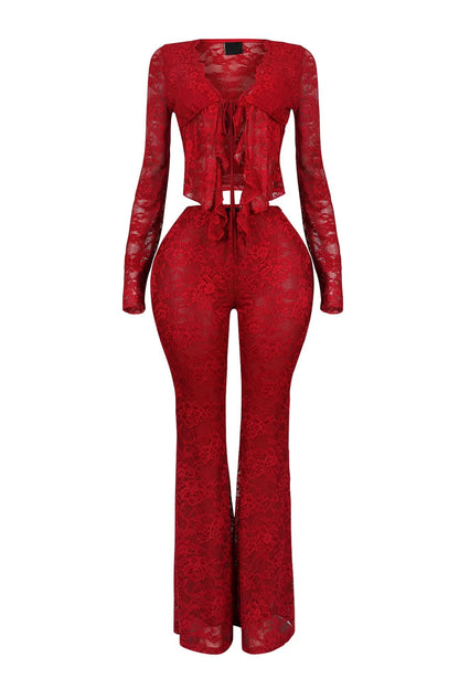 Women's Cocktail Floral Lace Long Sleeve Pants Set