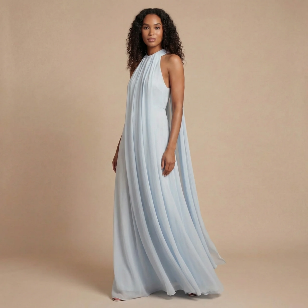 Women's Wedding Guest Halter Pleated Maxi Dress