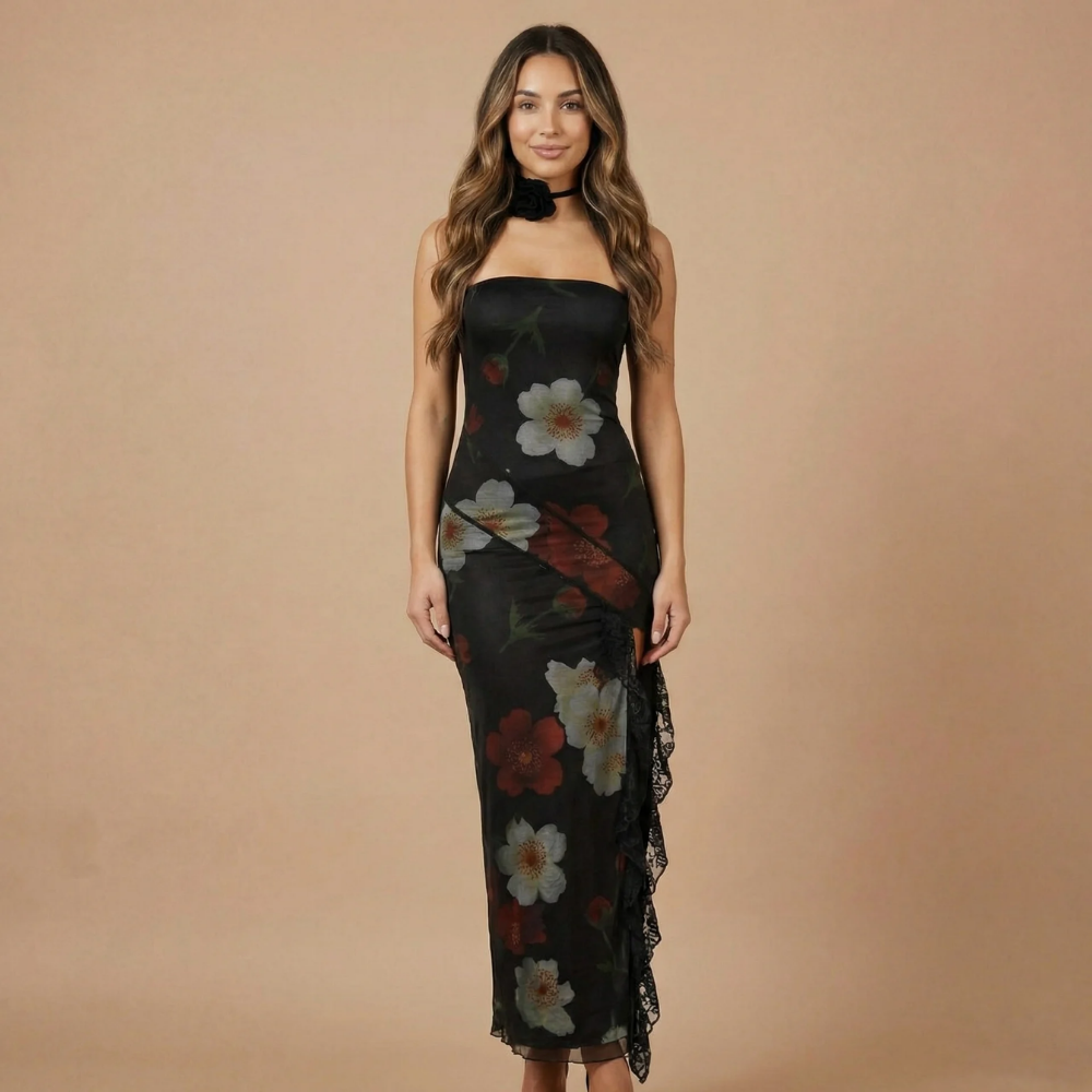 Women's Wedding Guest Strapless Floral Maxi Dress