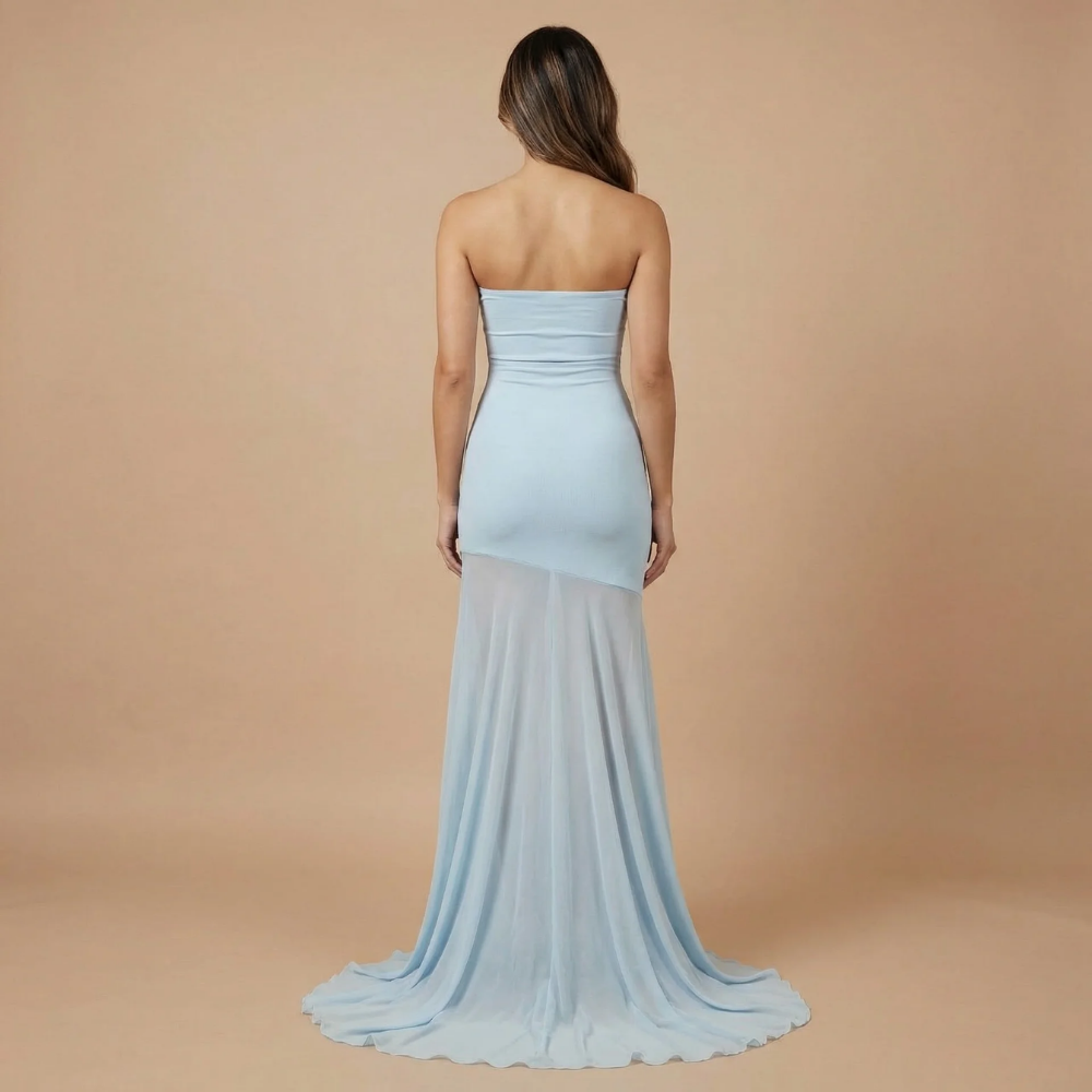 Women's Formal Strapless Maxi Dress With Sheer Mesh Skirt