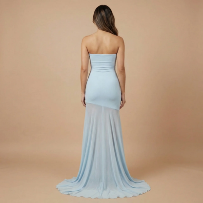 Women's Formal Strapless Maxi Dress With Sheer Mesh Skirt