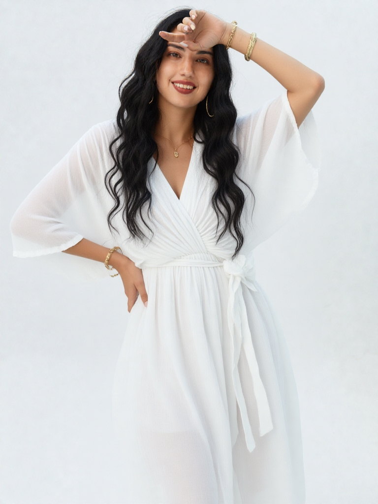 Elegancka sukienka midi z wiązaniem w talii