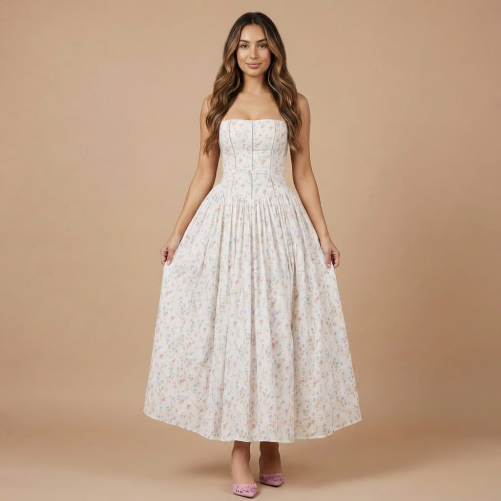 Women's Wedding Guest Floral Straight Neck Midi Dress