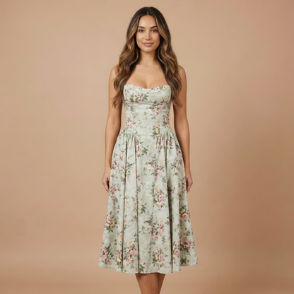 Women's Wedding Guest Floral Straight Neck Midi Dress