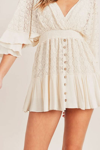 Women's Summer Lace V Neck Mini Romper with Smocked Waist