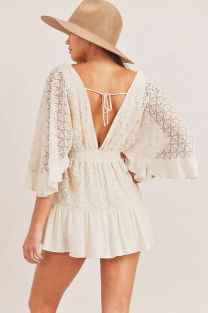 Women's Summer Lace V Neck Mini Romper with Smocked Waist