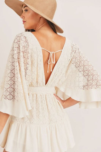 Women's Summer Lace V Neck Mini Romper with Smocked Waist