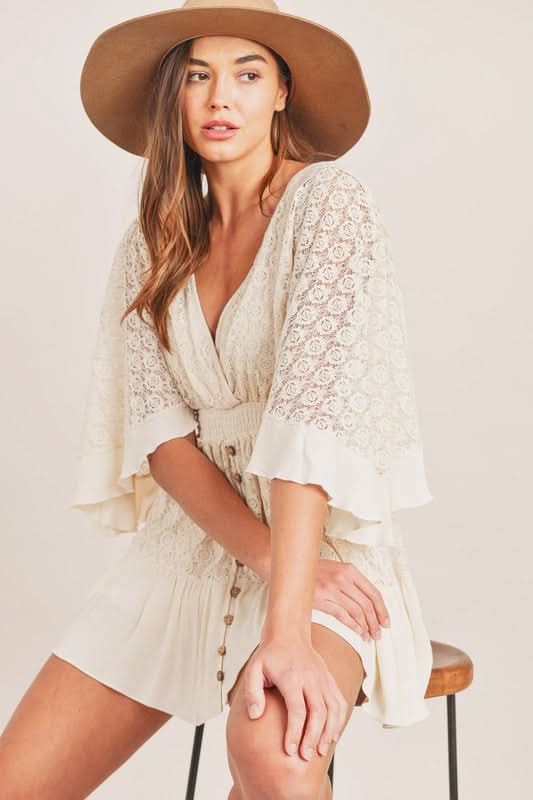 Women's Summer Lace V Neck Mini Romper with Smocked Waist