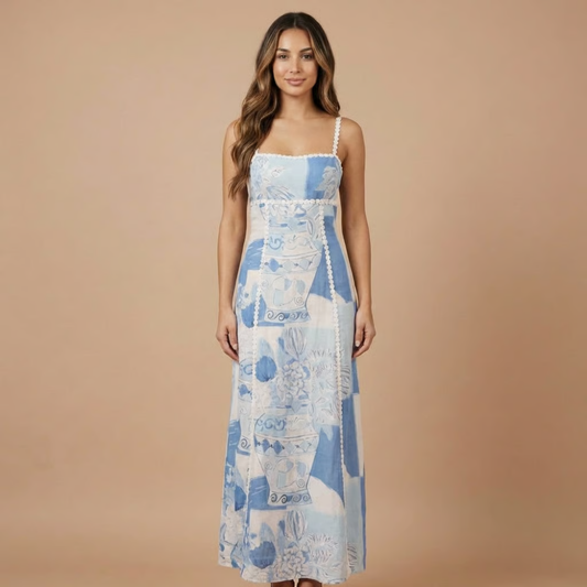 Women's Wedding Guest Printed Square Neck Maxi Dress