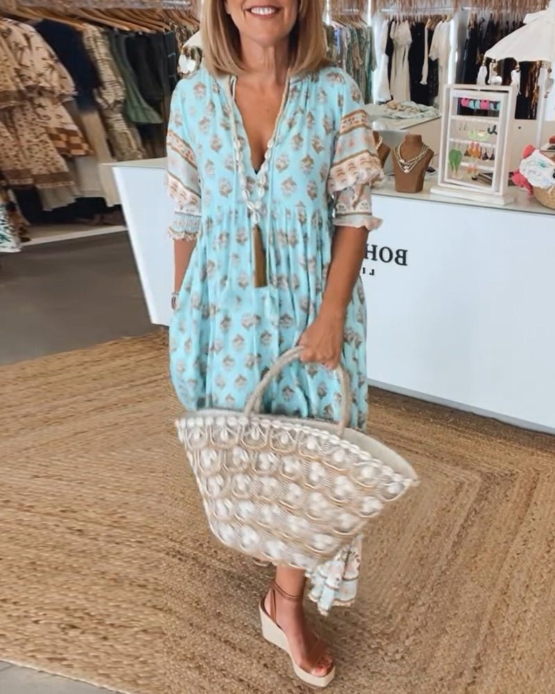 Women's Summer Floral V Neck Maxi Dress with Tassel Tie
