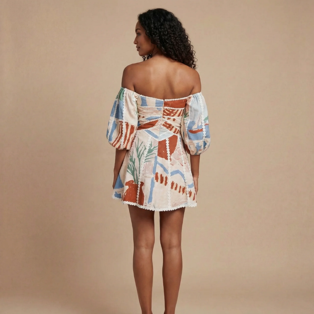 Women's Cocktail Off Shoulder Printed Puff Sleeve Mini Dress