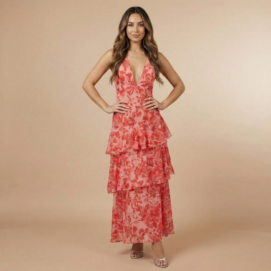 Women's Wedding Guest Floral Plunge Neck Midi Dress