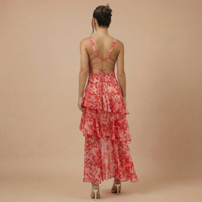 Women's Wedding Guest Floral Plunge Neck Midi Dress