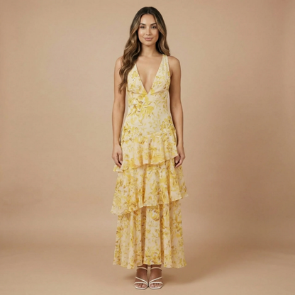 Women's Wedding Guest Floral Plunge Neck Midi Dress