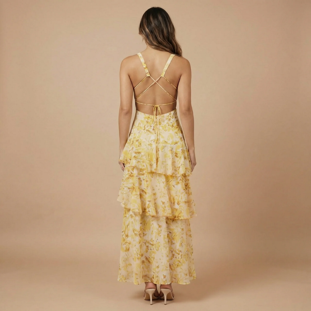 Women's Wedding Guest Floral Plunge Neck Midi Dress