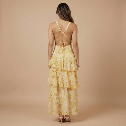 Women's Wedding Guest Floral Plunge Neck Midi Dress