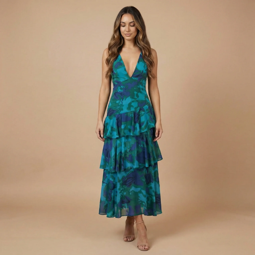 Women's Wedding Guest Floral Plunge Neck Midi Dress