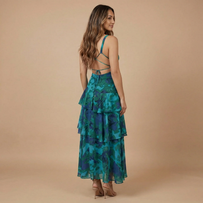 Women's Wedding Guest Floral Plunge Neck Midi Dress