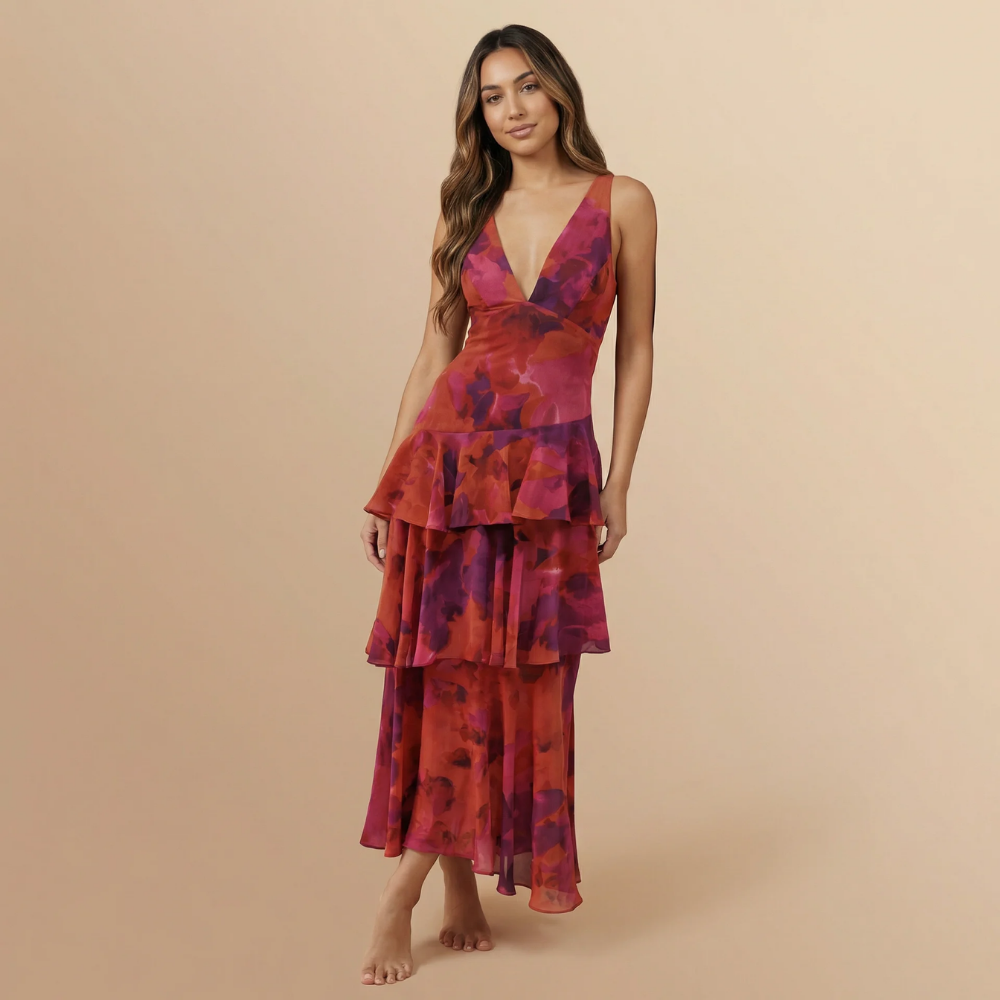 Women's Wedding Guest Floral Plunge Neck Midi Dress