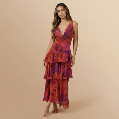 Women's Wedding Guest Floral Plunge Neck Midi Dress