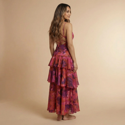 Women's Wedding Guest Floral Plunge Neck Midi Dress