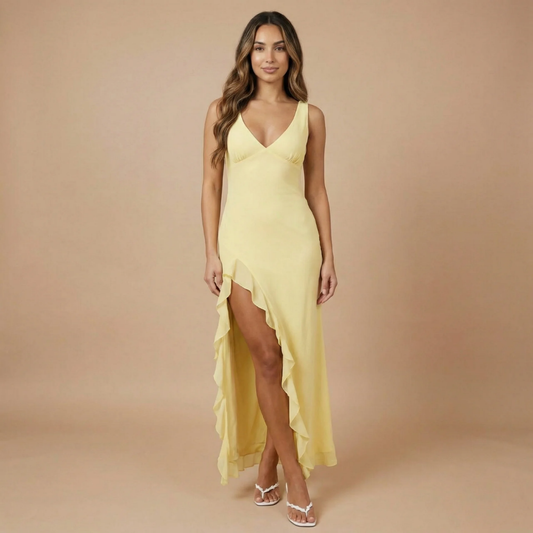 Women's Wedding Guest V Neck Ruffle High Low Maxi Dress