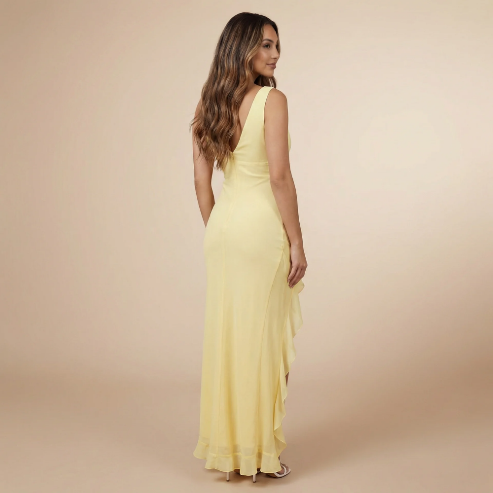 Women's Wedding Guest V Neck Ruffle High Low Maxi Dress