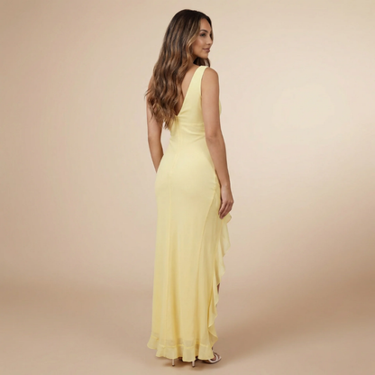 Women's Wedding Guest V Neck Ruffle High Low Maxi Dress