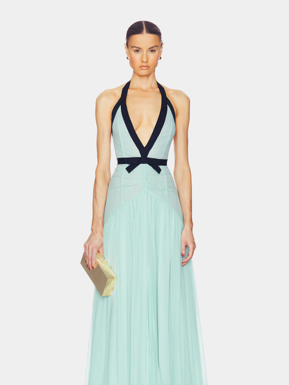 Women's Wedding Guest Halter Maxi Dress with Open Back