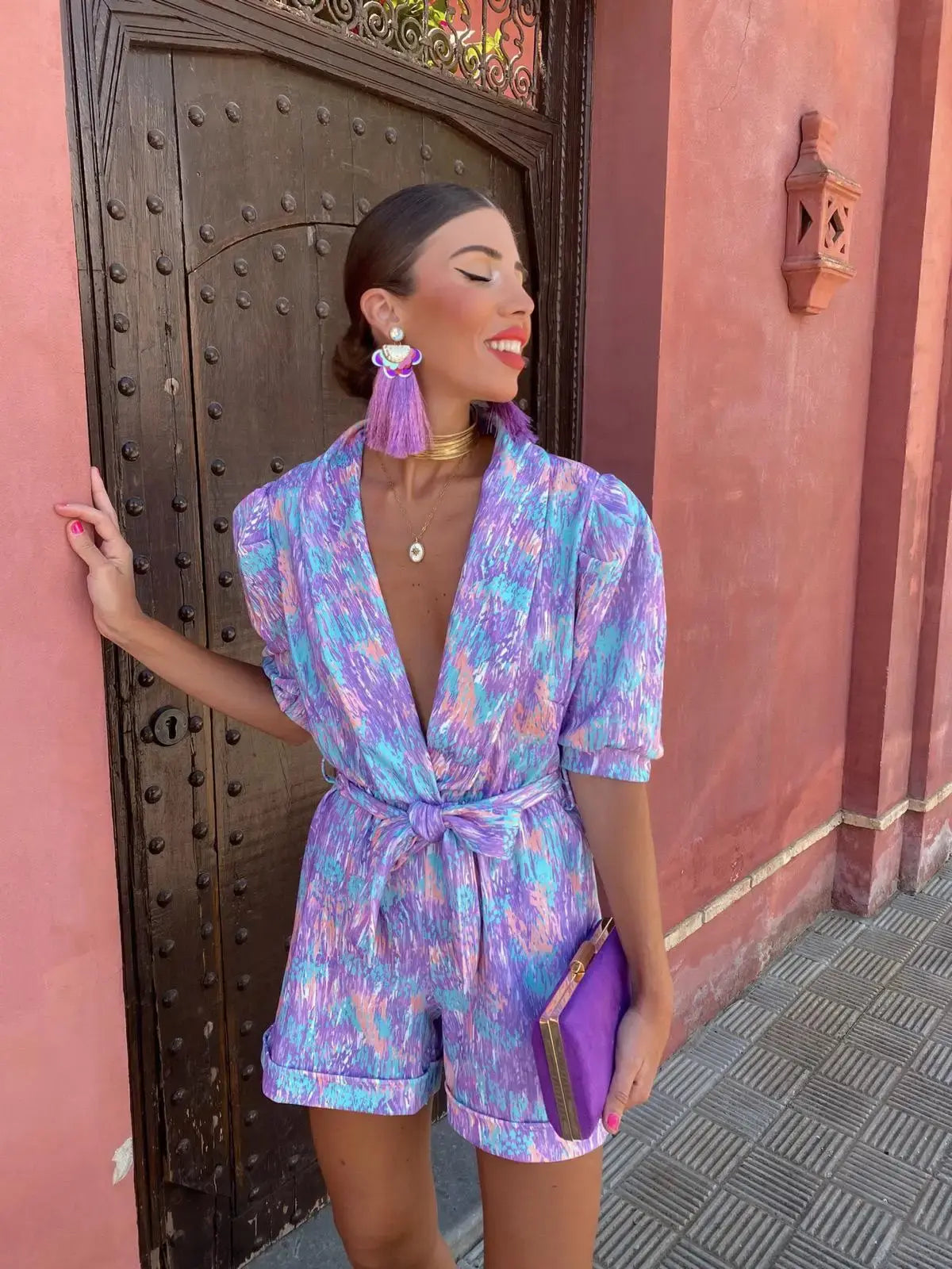 Women's Summer Printed V Neck Puff Sleeve Romper