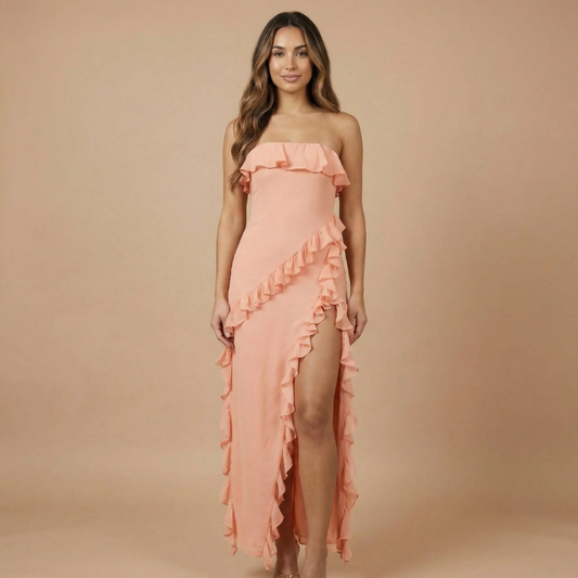 Women's Wedding Guest Strapless Ruffle Maxi Dress