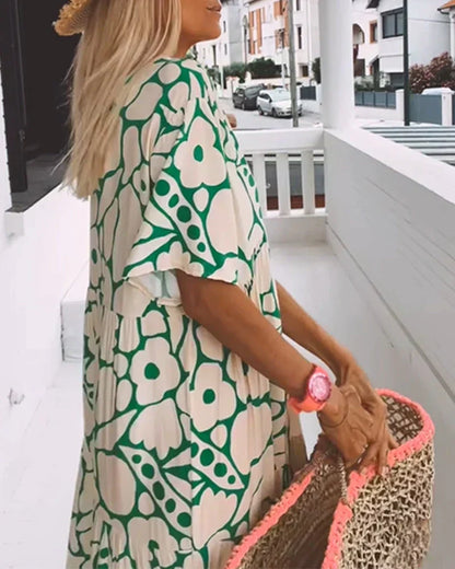 Women's Summer Floral V Neck Flutter Sleeve Maxi Dress