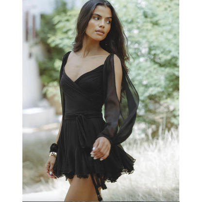 Women's Cocktail V Neck Mini Dress With Sheer Long Sleeves