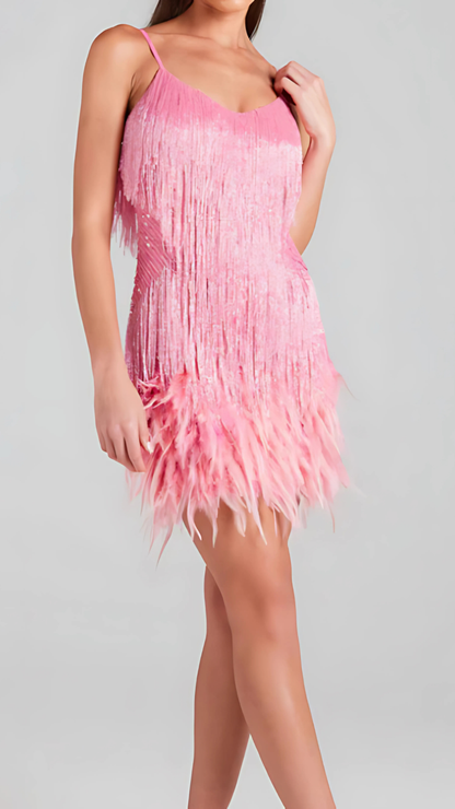 Women's Cocktail Sequin Fringe V Neck Mini Dress