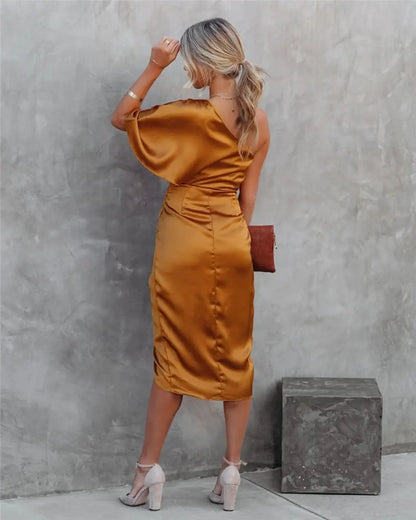 Women's Cocktail One Shoulder Draped Midi Dress With Slit