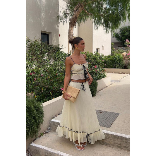 Women's Summer Ruffle Maxi Skirt Set Lace Up Cami