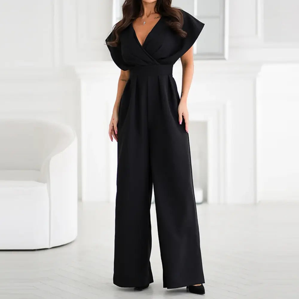 Women's Cocktail Wide Leg V Neck Flutter Sleeve Jumpsuit