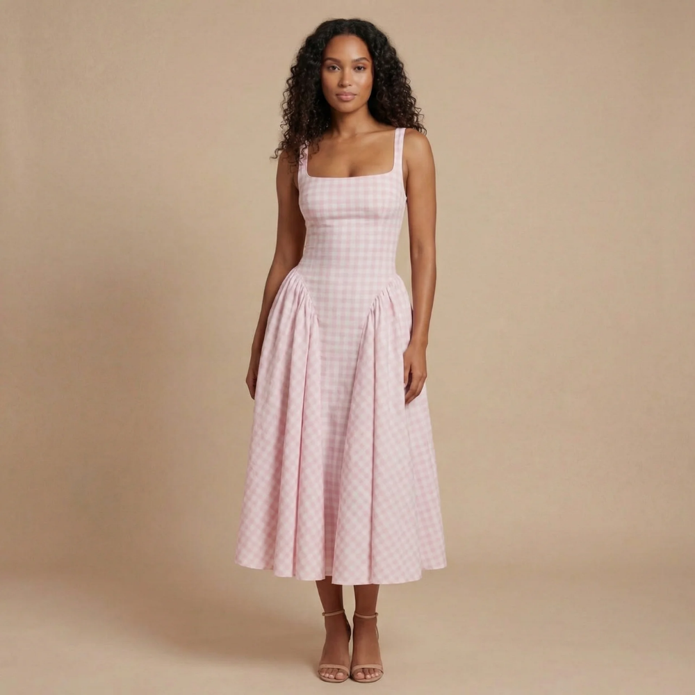 Women's Wedding Guest Gingham Square Neck Midi Dress