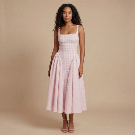 Women's Wedding Guest Gingham Square Neck Midi Dress