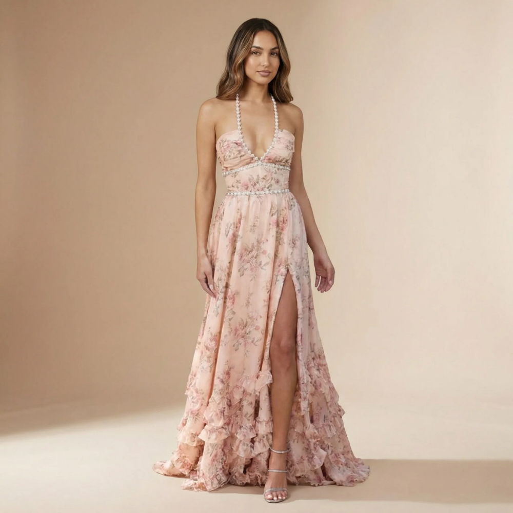 Women's Wedding Guest Floral Halter Maxi Dress With Slit