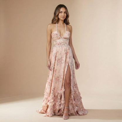 Women's Wedding Guest Floral Halter Maxi Dress With Slit