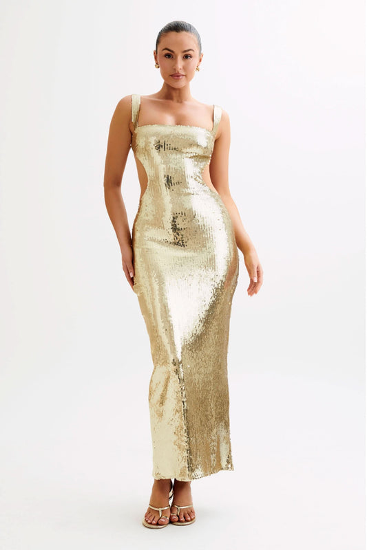Women's Prom Sequin Square Neck Cut Out Maxi Dress