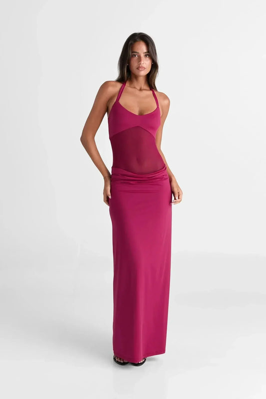 Women's Cocktail Sheer Mesh Scoop Neck Maxi Dress