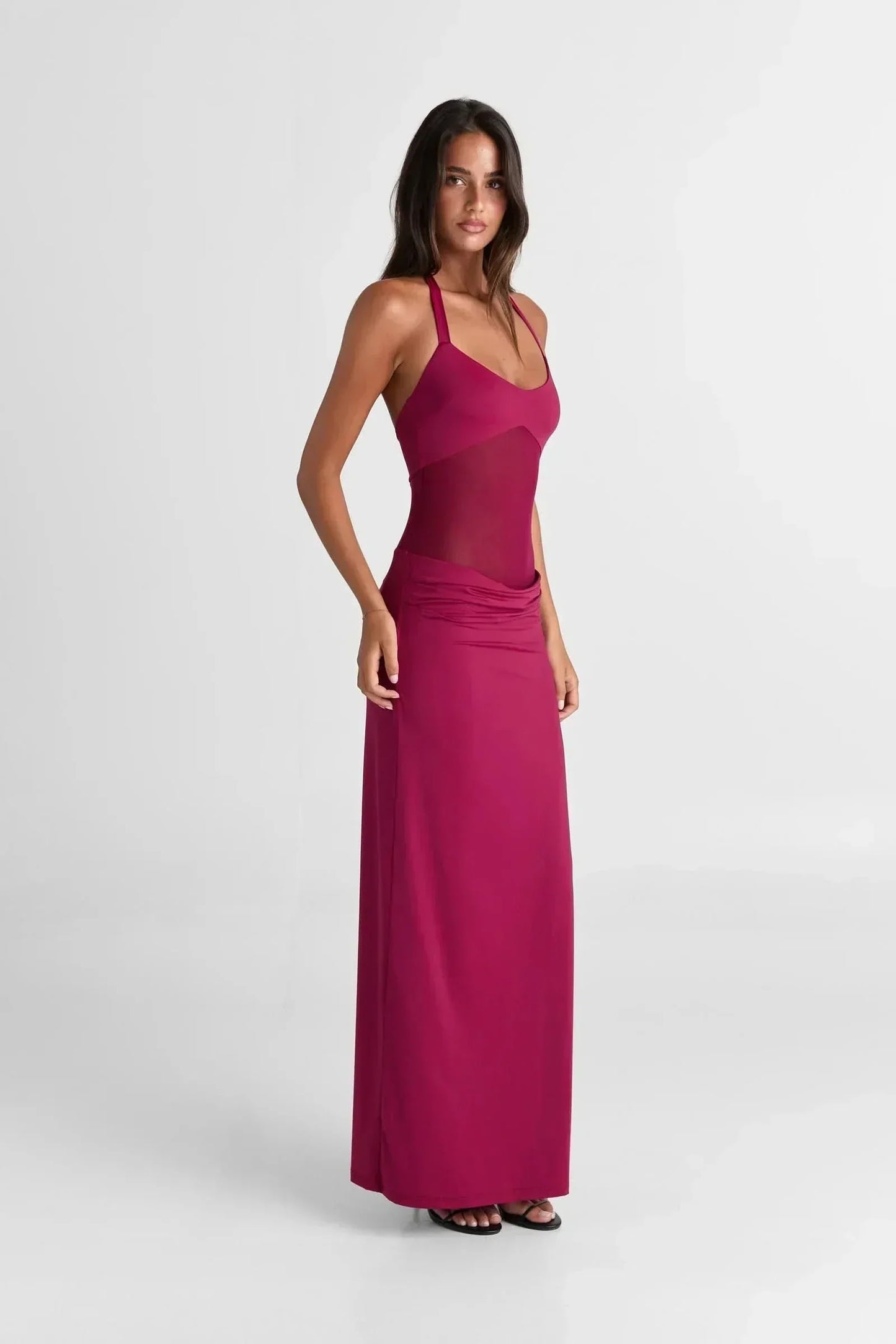 Women's Cocktail Sheer Mesh Scoop Neck Maxi Dress