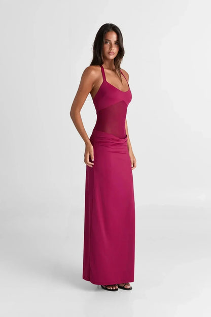 Women's Cocktail Sheer Mesh Scoop Neck Maxi Dress