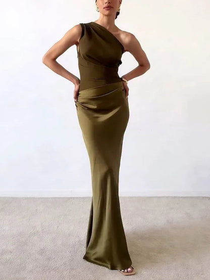 Women's Wedding Guest One Shoulder Pleated Maxi Dress