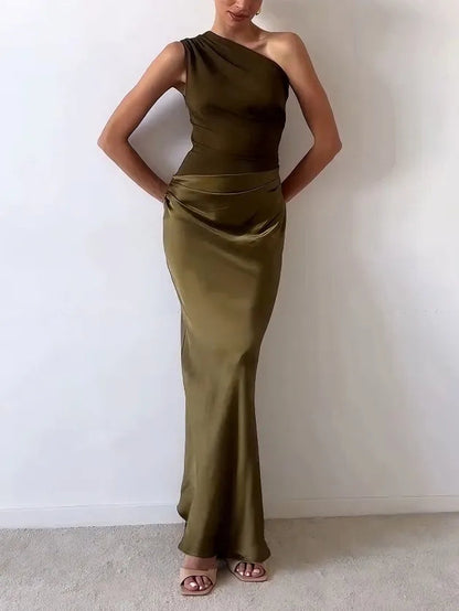 Women's Wedding Guest One Shoulder Pleated Maxi Dress