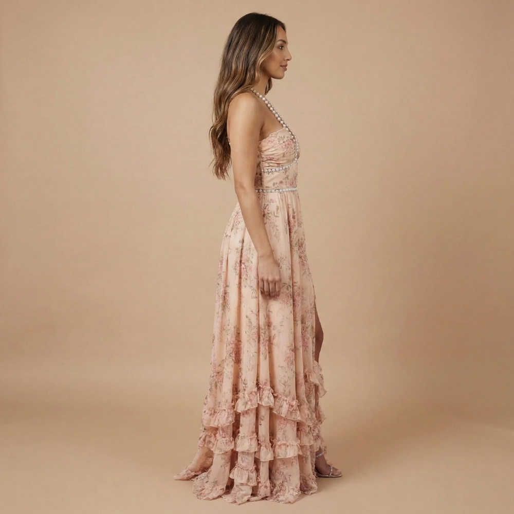 Women's Wedding Guest Floral Halter Maxi Dress With Slit