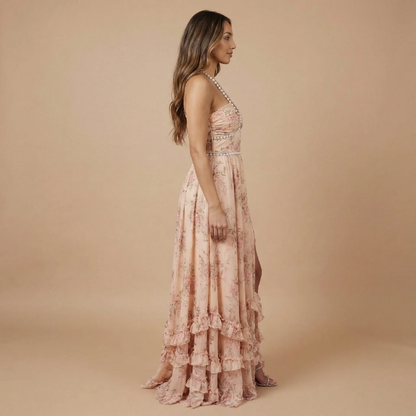 Women's Wedding Guest Floral Halter Maxi Dress With Slit